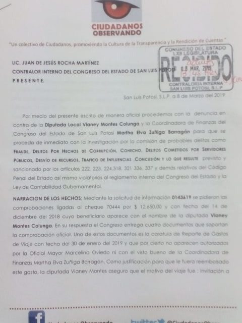 Ciudadanos Observando presenta denuncia contra diputada Vianey Montes
