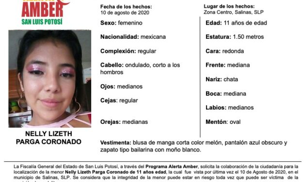 Activan Alerta Amber para localizar a niña de 11 años de edad en Salinas