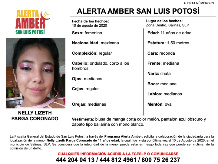 Activan Alerta Amber para localizar a niña de 11 años de edad en Salinas